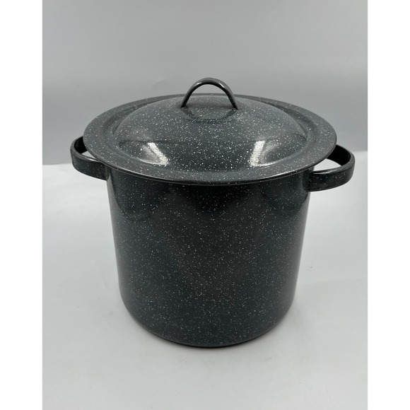 Vintage EnamelWare Black Speckled White Medium Stock Soup Pot W Lid - Picture 1 of 10